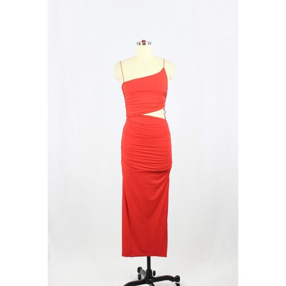 NWT ZARA Red Jersey Asymmetrical One Shoulder Cut-Out Ruched Midi Dress, Size S - Picture 1 of 12